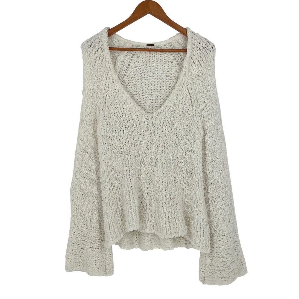 Free People Chunky Open Knit Sweater Cream V-Neck Bell Sleeve Boho Womens Large